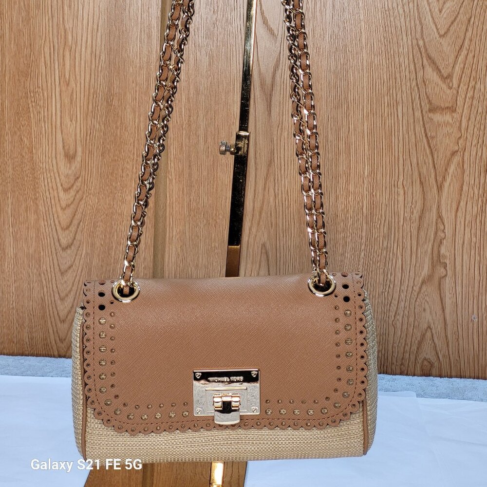 Michael Kors Violet Vivian Shoulder Flap Bag Tan Chain Strap